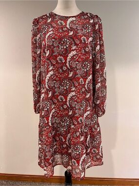 LOFT‎ Red Paisley Print Long-Sleeve Shift Dress